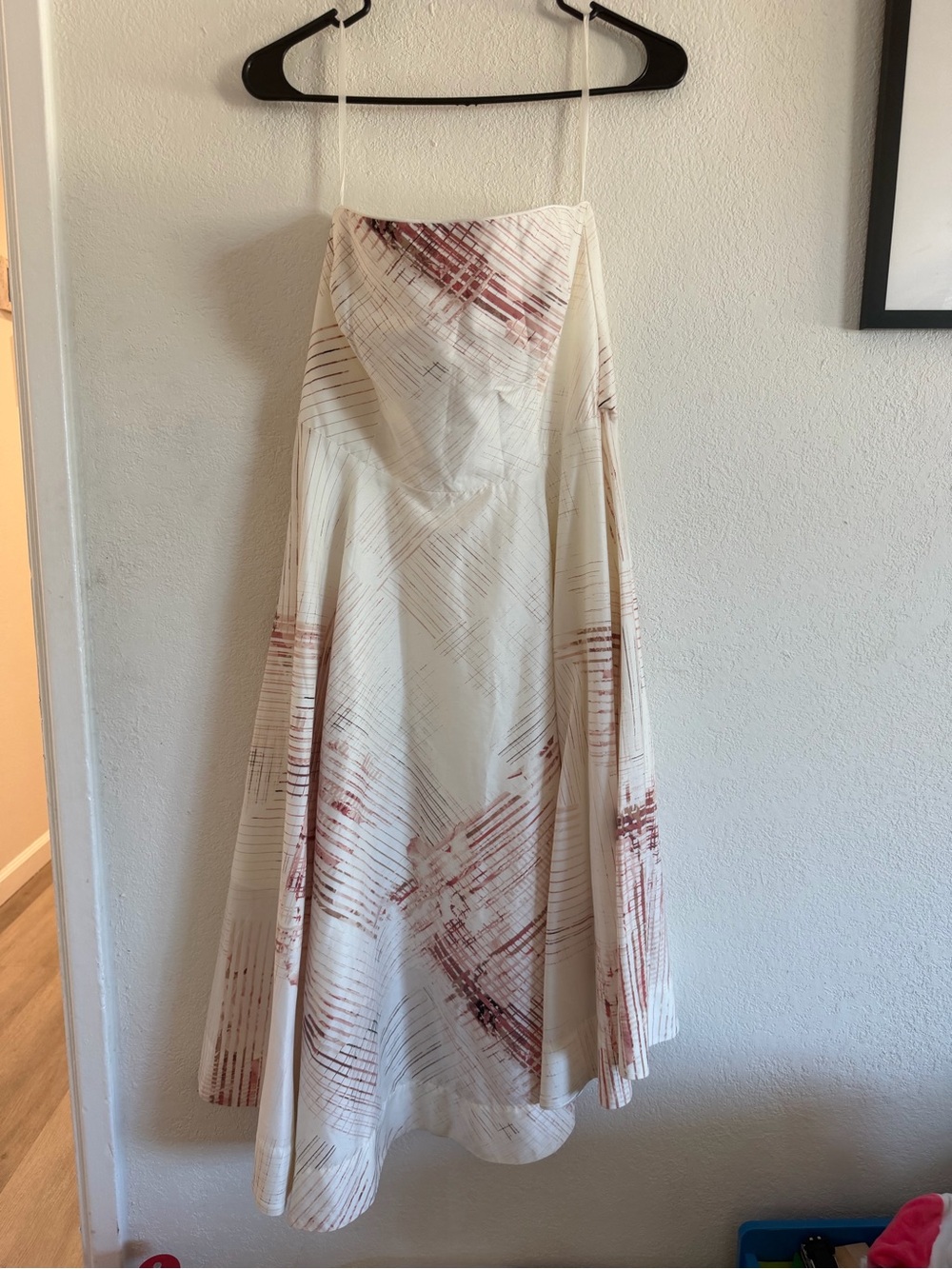 Cream A-Line strapless dress with Rust Brushstroke Print